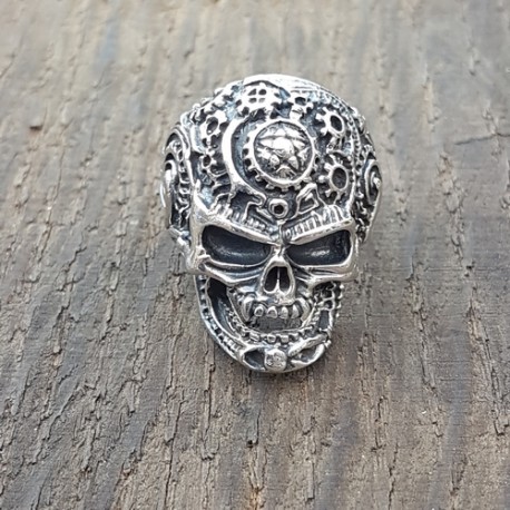 bague argent 925 tete de mort pentagramme .