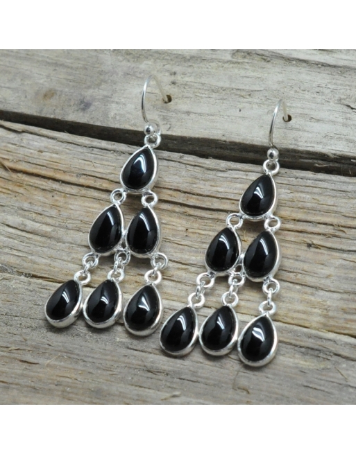 Boucles D'oreilles Pendantes Feuille Avec Cœur Onyx - Plaqué Or 18K 5 Microns - Neuf Avec étiquettes