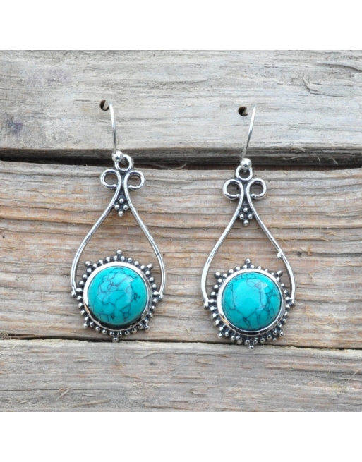 boucle d'oreille fantaisie argenté perle howlite turquoise 18mm